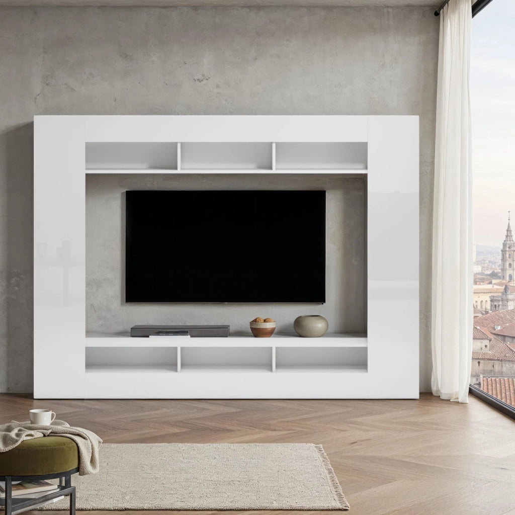 Sadali, Parete Attrezzata 7 Ripiani, 216x30.4x158.6h cm Bianco Lucido
