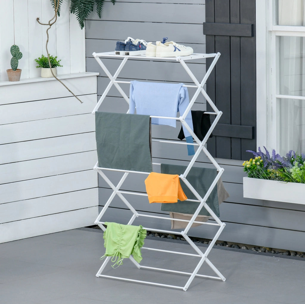 Stendibiancheria pieghevole a torre 8 livelli in metallo e plastica bianco 74x35x144 cm