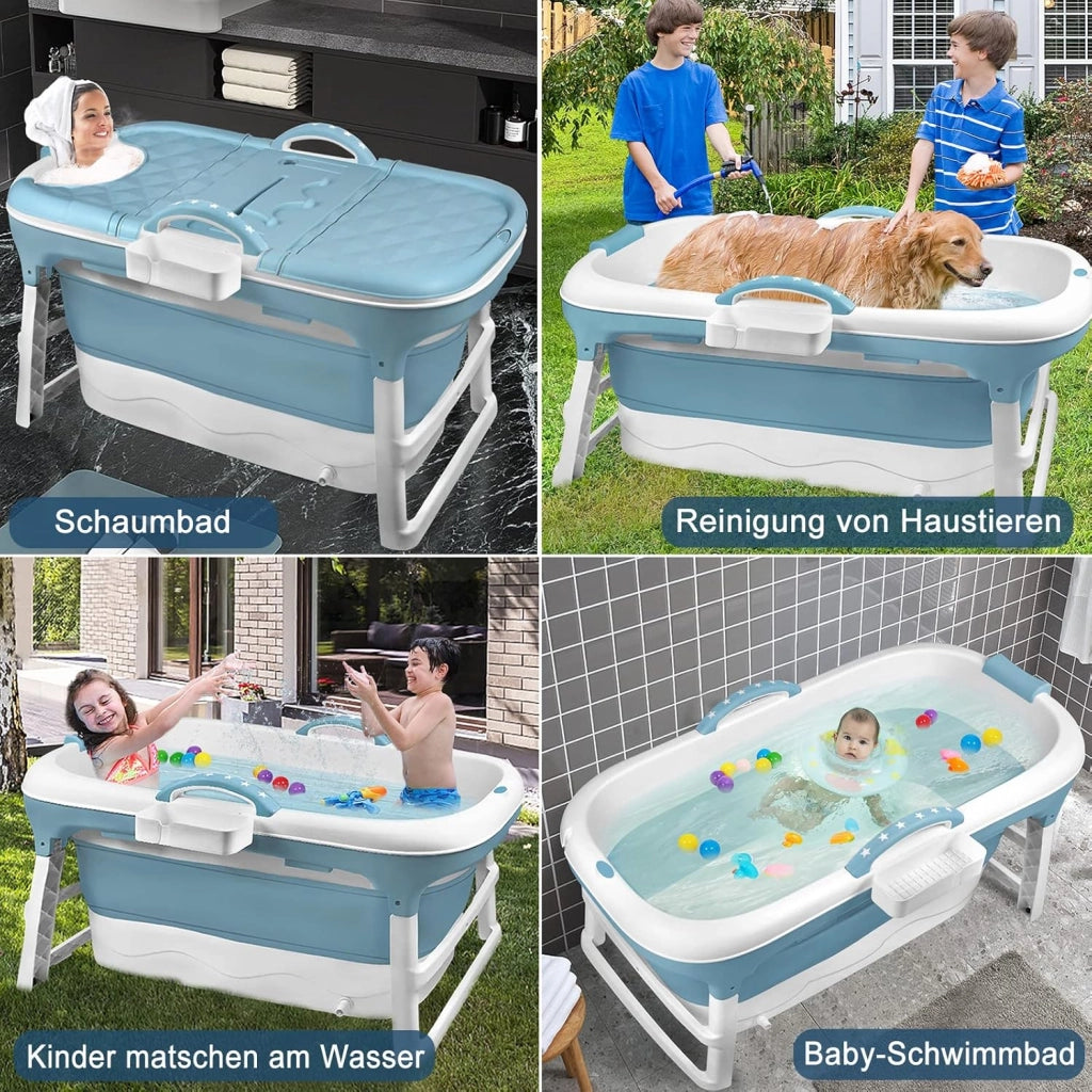 Vasca da bagno pieghevole per adulti, 118 x 60 x 53 cm, con copertura e cestino, mobile pieghevole, autoportante per bagno, doccia e balcone, blu