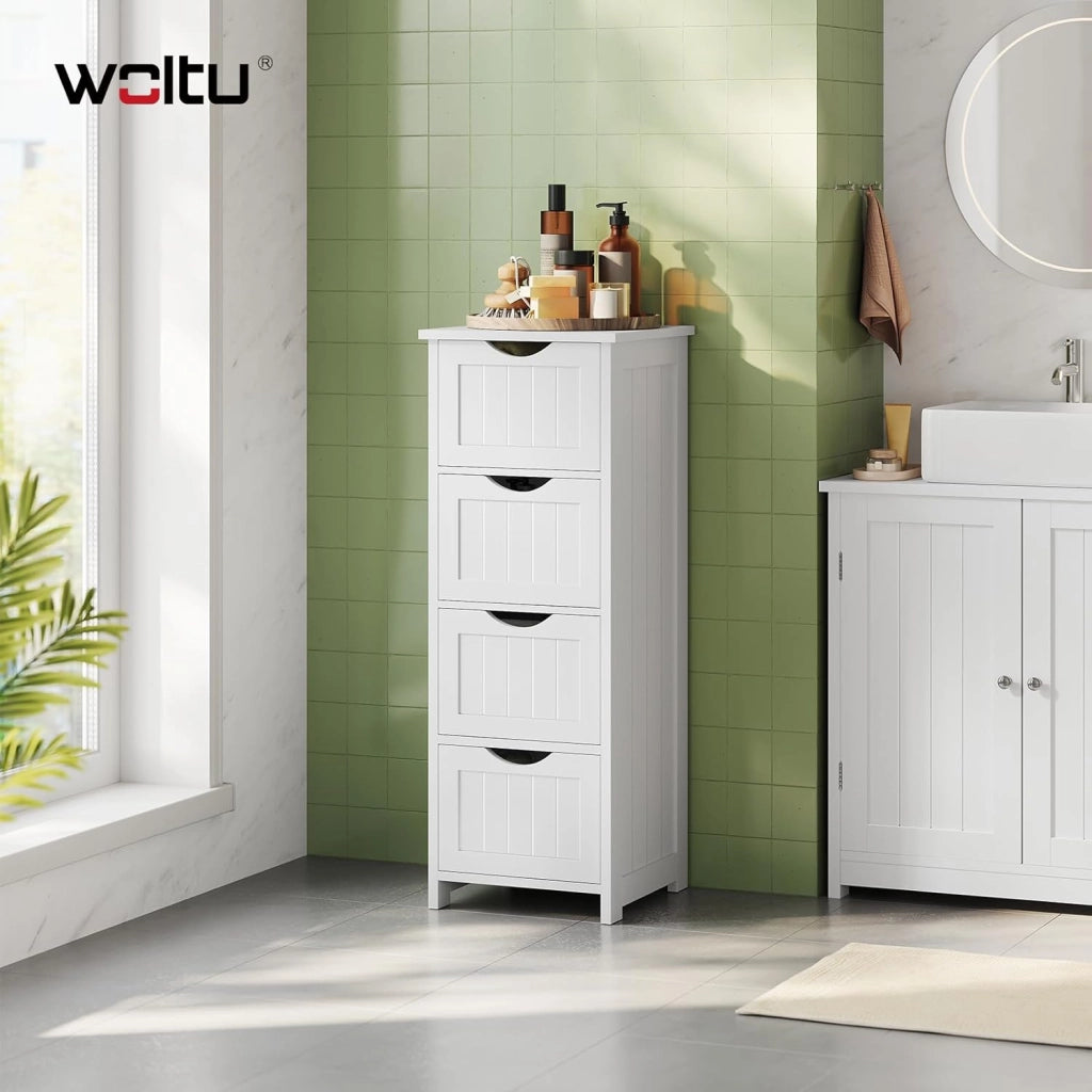 Mobile da Bagno, Mobiletto Bagno Salvaspazio, con 4 Cassetti, 30 x 30 x 82 cm, Armadio Autoportante, per Sala da Pranzo, Cucina, Stile Moderno, Bianco BZS07ws