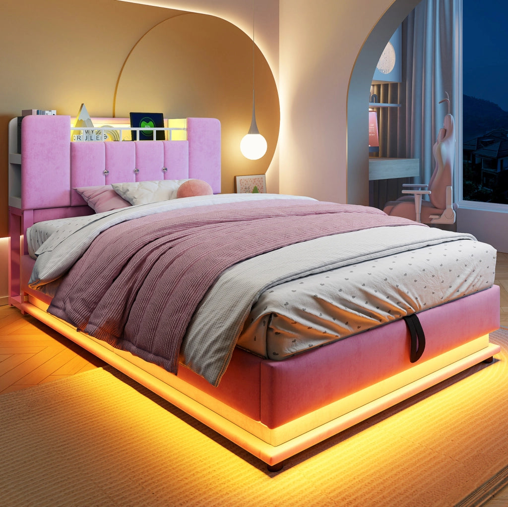 Letto singolo imbottito ULEVR 90x200 cm con contenitore idraulico, LED e USB, velluto rosa