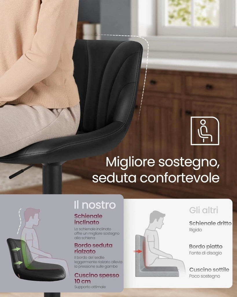 VASAGLE Sgabelli da Bar, Schienale, Sedie da Bar Regolabili in Altezza, Girevoli a 360°, Poggiapiedi Metallo, Sala da Pranzo Cucina, PU, Set di 2, Nero Inchiostro LJB181BH01