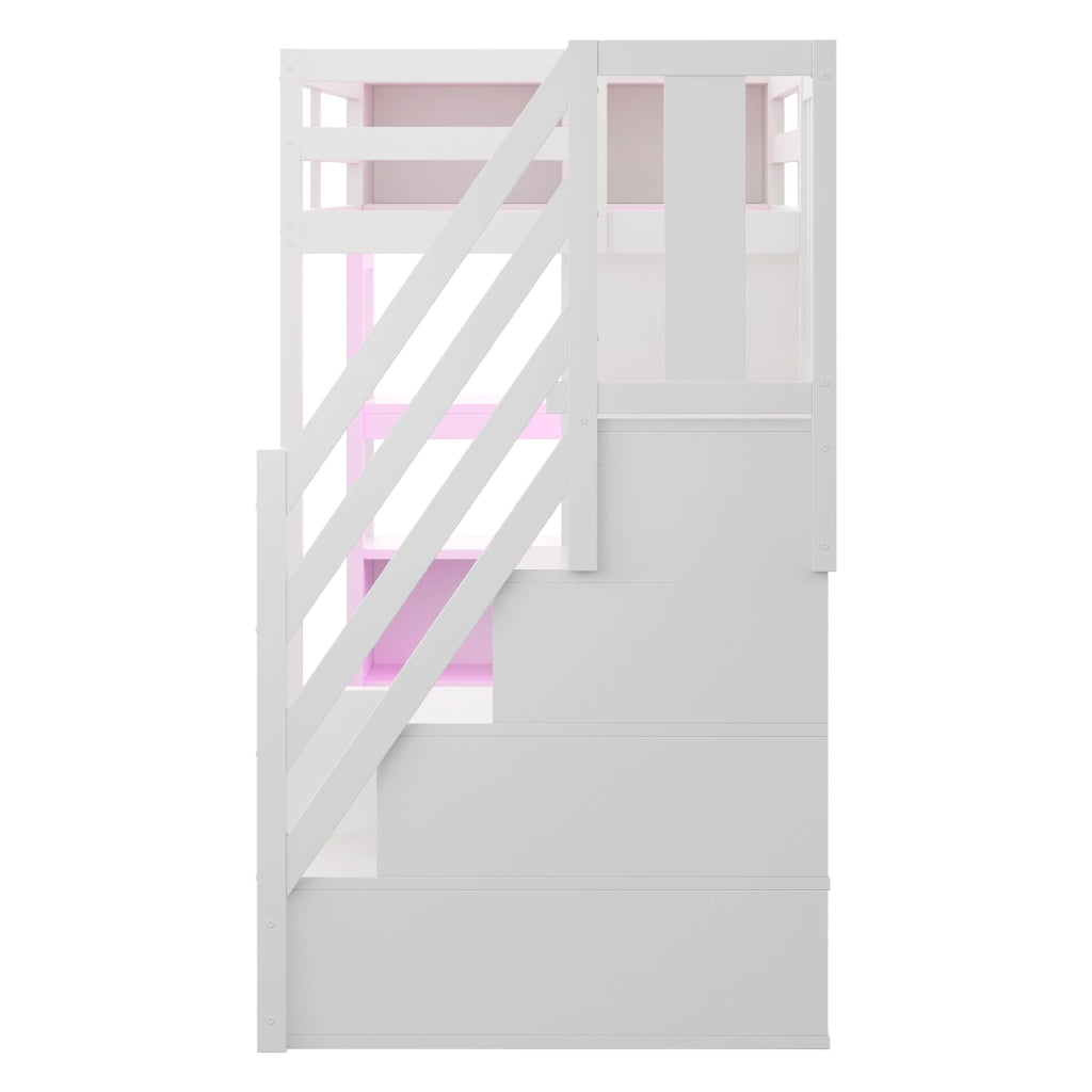 OKWISH Letto a soppalco 90×200 cm, Letto Singolo con Scrivania, Armadio, LED Multicolore, Prese e Mensole, senza Materasso, Bianco