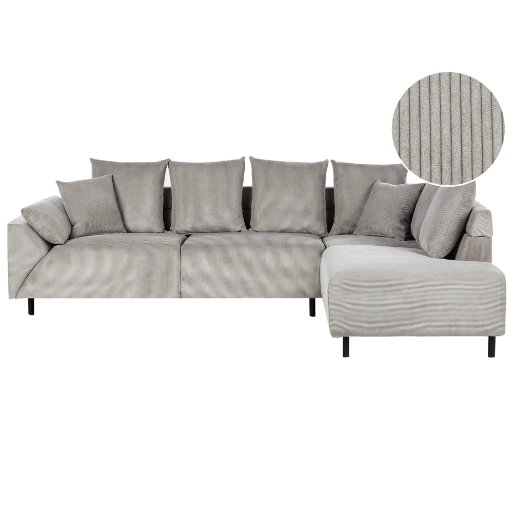 Divano ad angolo in velluto a coste grigio chiaro e gambe in metallo design retrò stile moderno