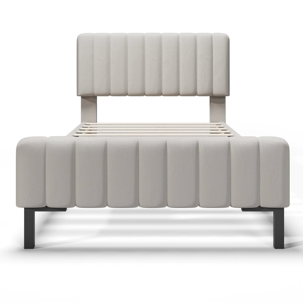 Letto singolo imbottito 90x200 cm con testiera regolabile, rete a doghe in pino e materasso 7 zone, grigio-beige