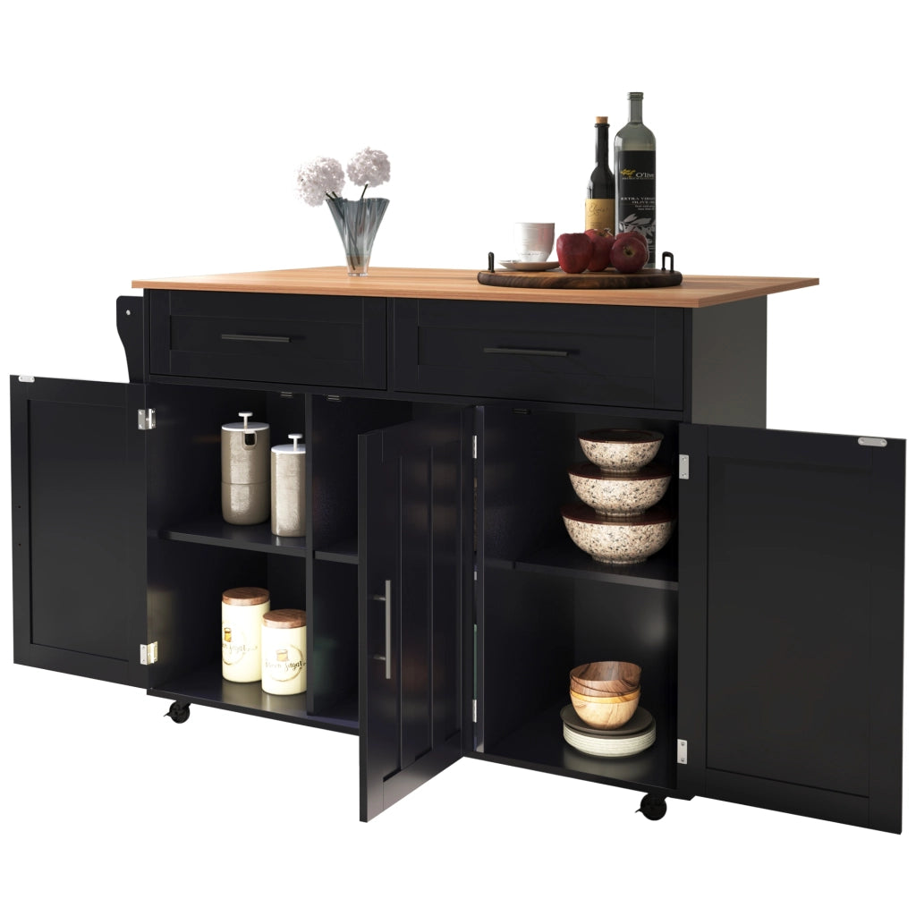 Carrello cucina con piano apribile 129x71x91,5 cm, isola con 2 cassetti, ante con ripiani interni, ruote e piedini