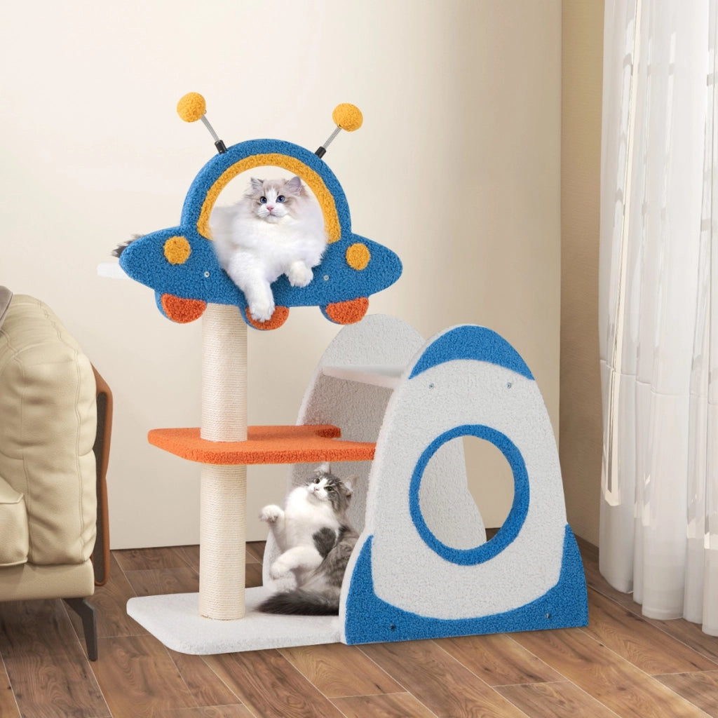 Torre per gatti a 4 livelli con piattaforma a UFO, Mobili per gatti per spazi piccoli con condo a forma di razzo-Alberi Tiragraffi