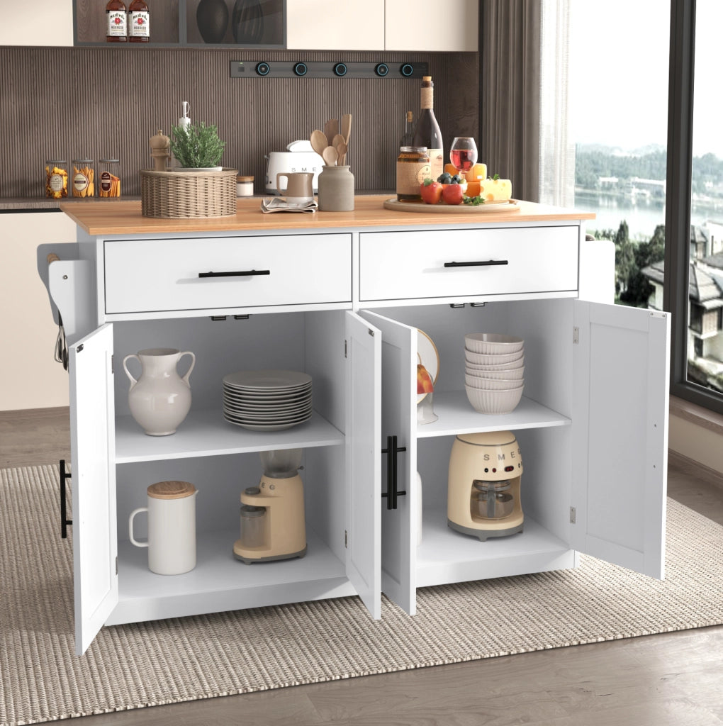Carrello da cucina con piano ribaltabile e ruote, bianco e naturale