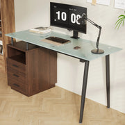 Scrivania 130x50x75 cm con tre cassetti e vano aperto in vetro satinato temperato; MDF e metallo; marrone