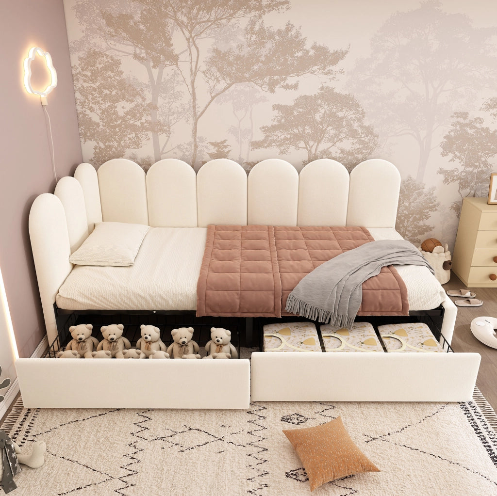 Letto imbottito con 2 cassetti 90x200 cm in velluto beige
