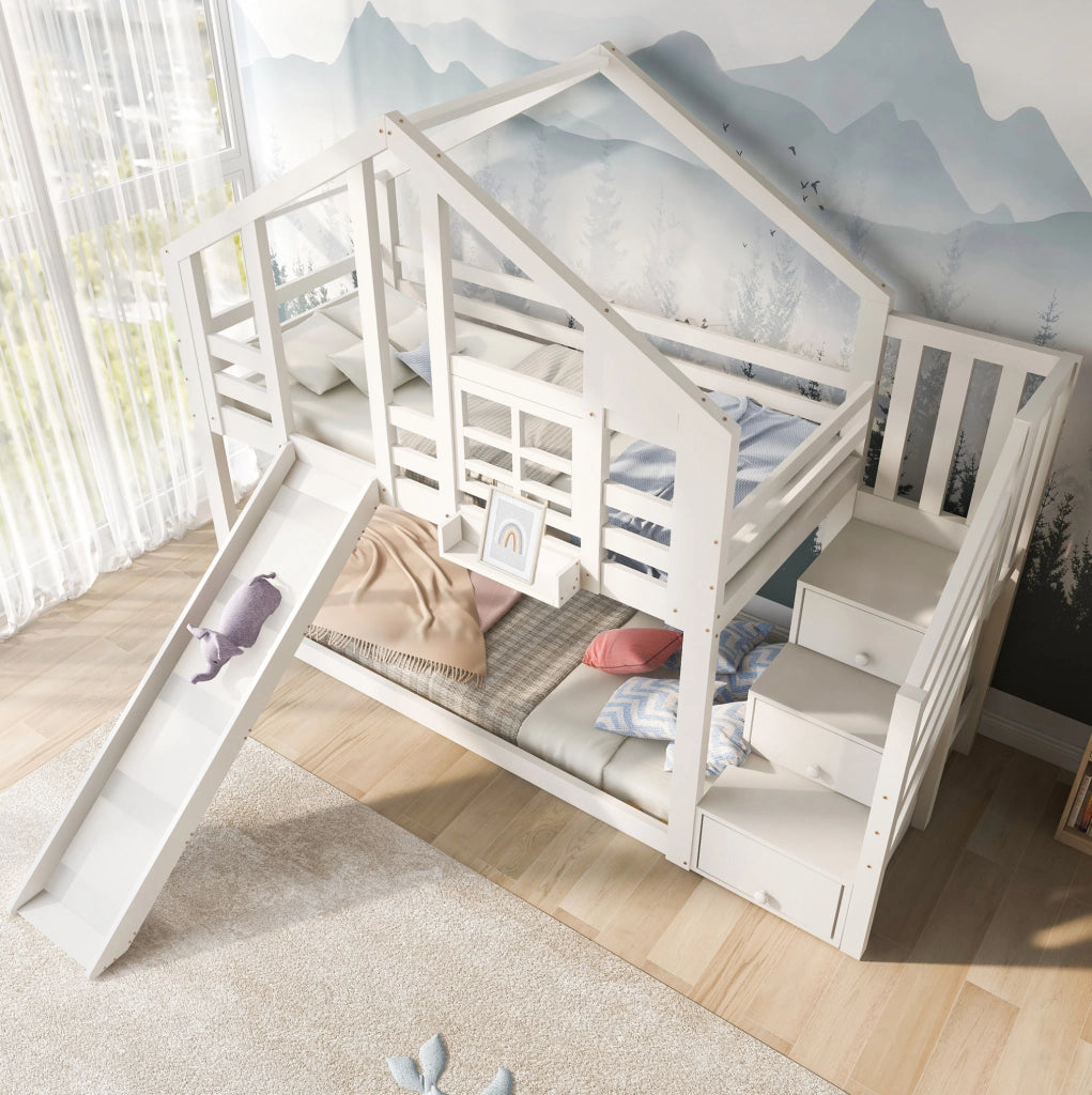 Letto a castello a casetta 90x200 cm con scivolo, bianco