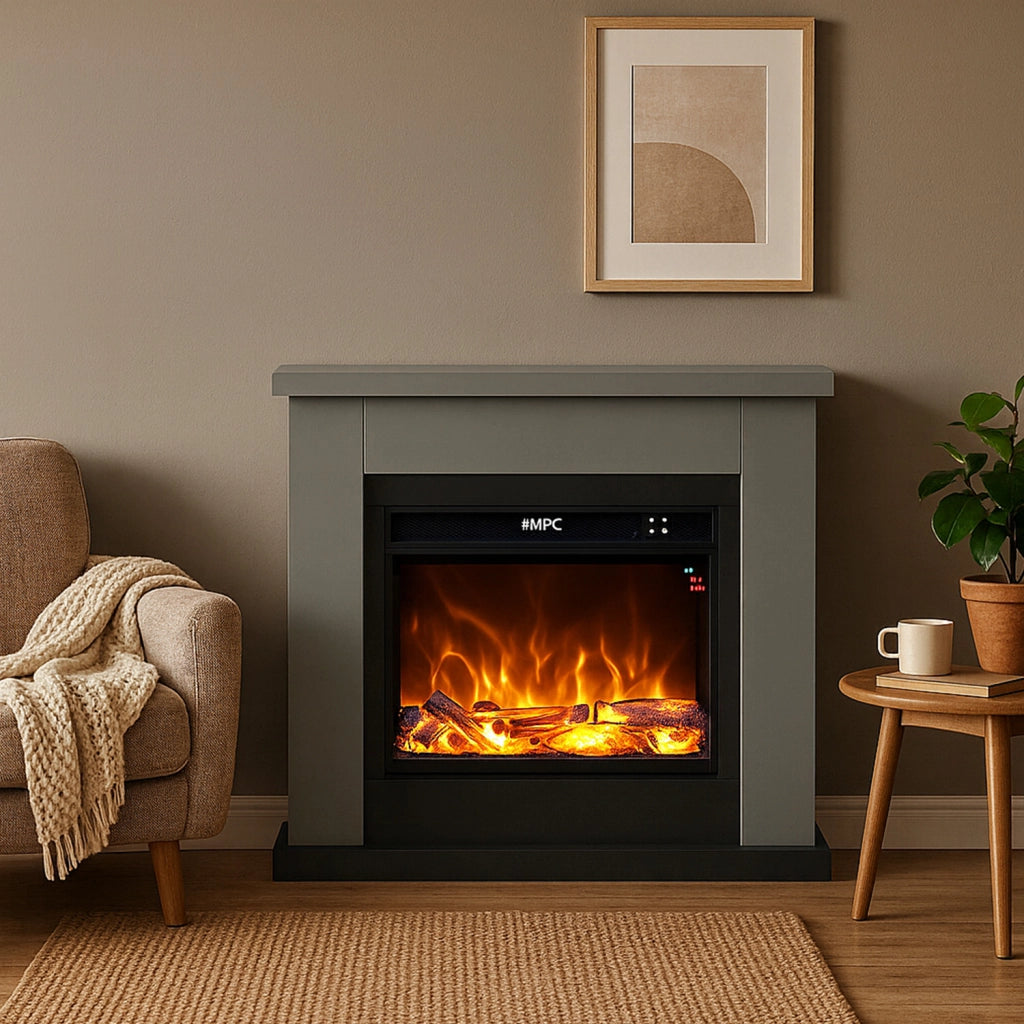 Caminetto Fuego Paolo Antracita 1500w a Parete Con Cornice Telecomando e Bruciatore Grigio Scuro