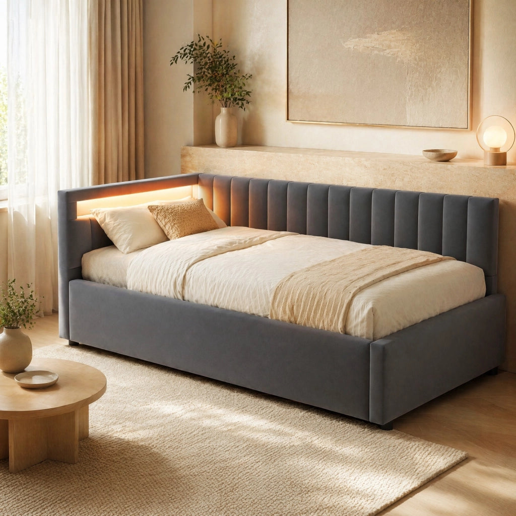 Letto singolo imbottito 90x200 cm con contenitore idraulico e LED in velluto grigio