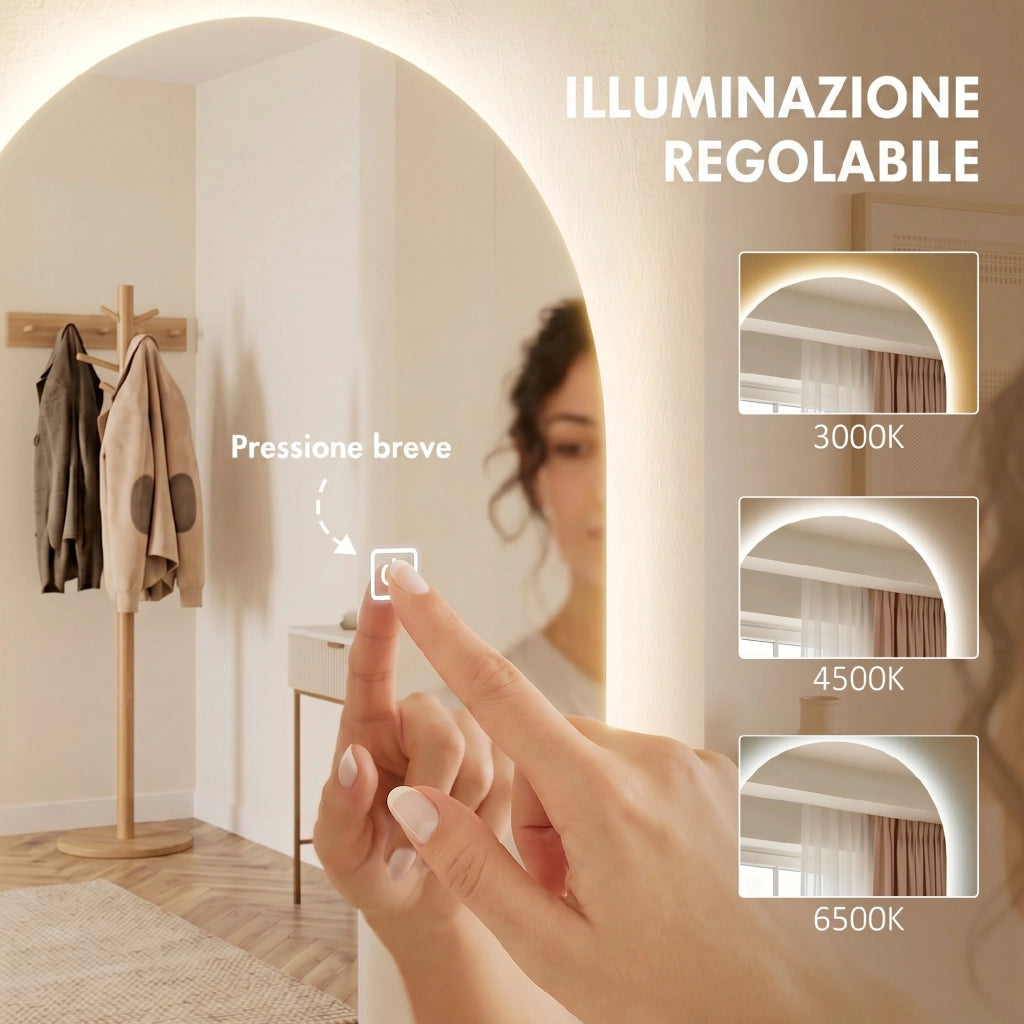 Specchio da Parete ad Arco con Illuminazione LED Regolabile e Controllo Touch, in Vetro Temperato, 40x3x120 cm