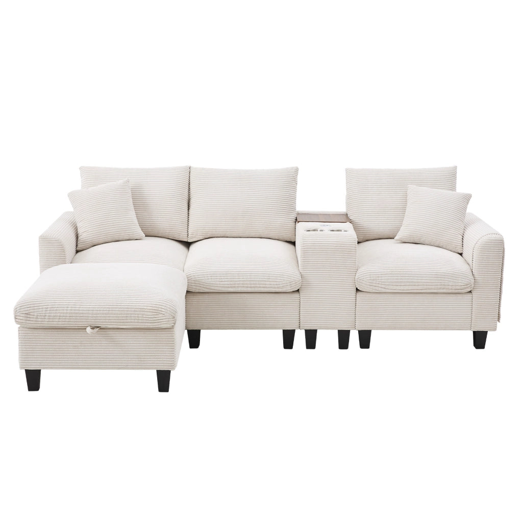 Divano angolare modulare beige in velluto a coste con USB