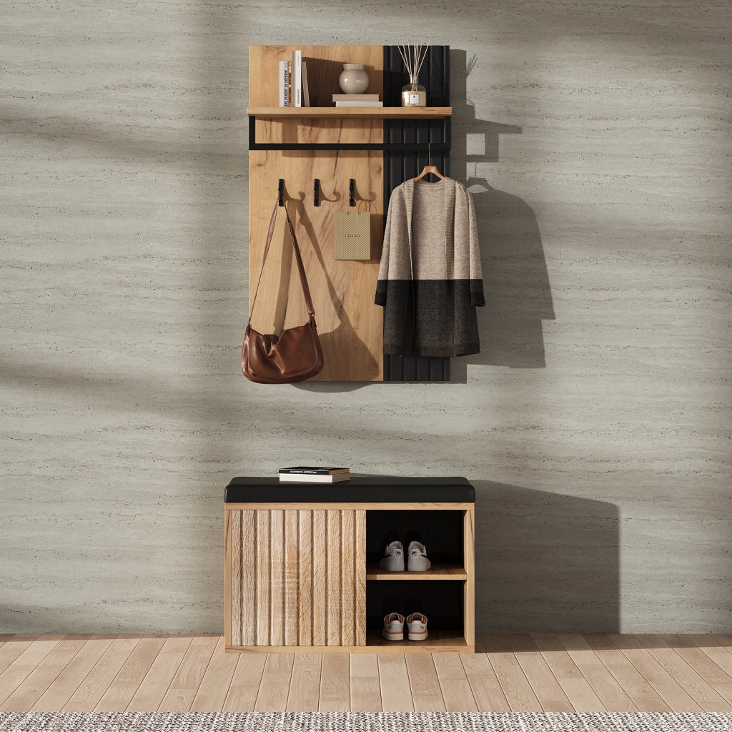 Mobile ingresso; Panca portascarpe con 2 Ante; Pannello posteriore con 3 Ganci; Stile Moderno; in Pannello Truciolare; Nero e Naturale; 70??36??146 cm