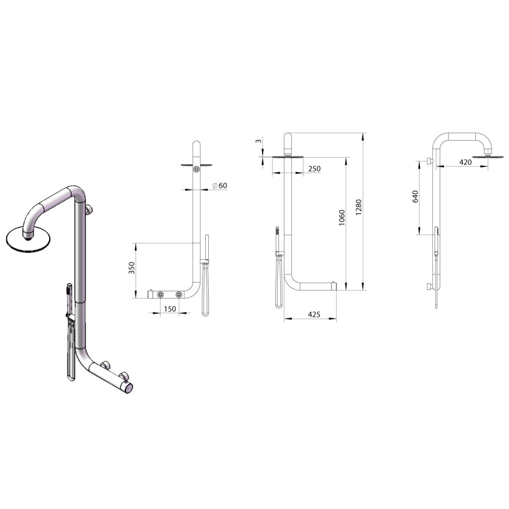 MPC Doccia da parete inox in acciaio inox 316L montaggio laterale destro soffione e doccetta miscelatore progressivo 3 vie caldo-freddo MX1015C-INOX