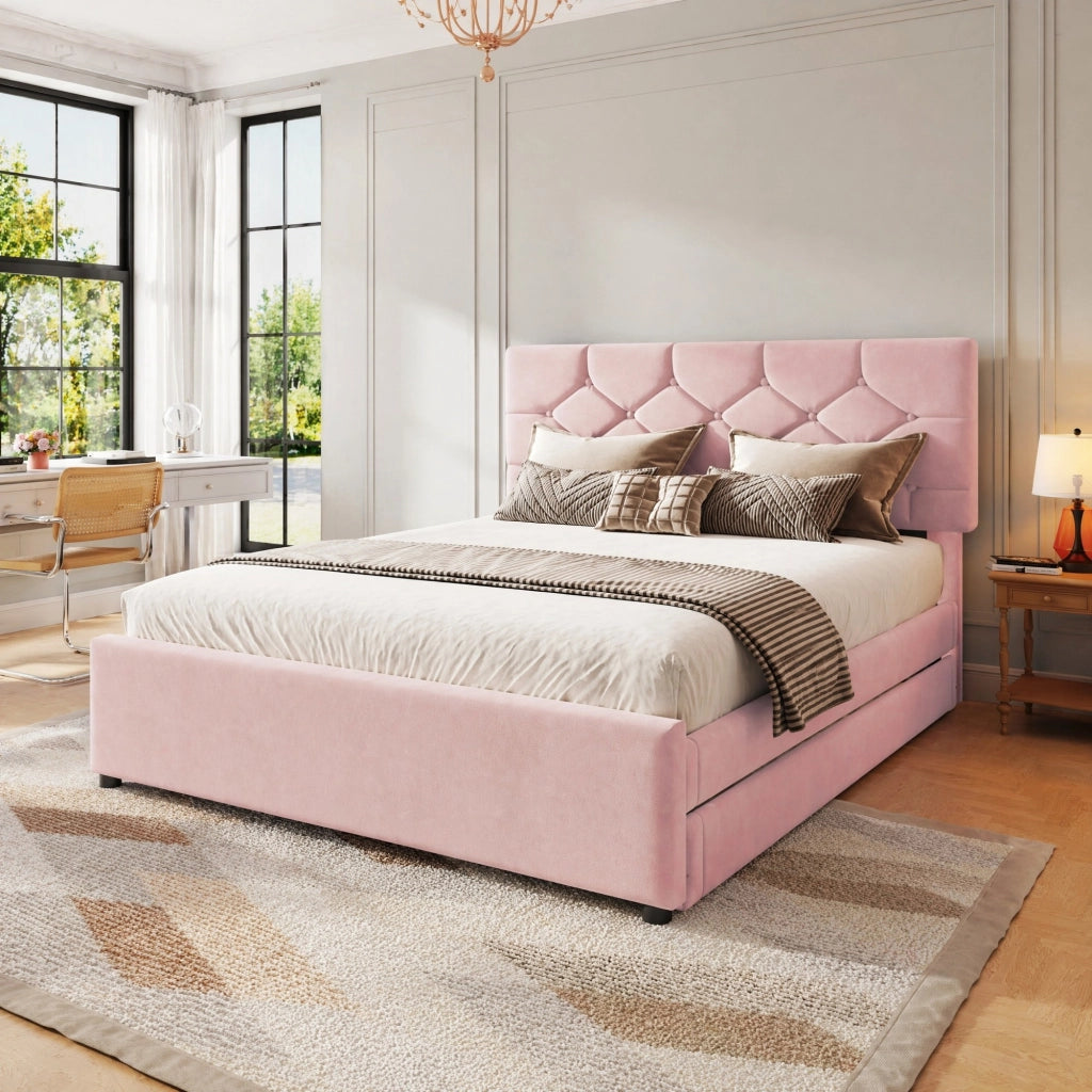 Letto imbottito 140x200 cm in velluto rosa con rete a doghe e letto estraibile, stile minimal