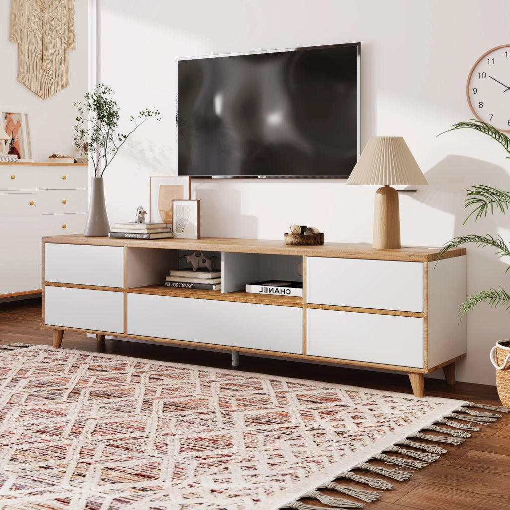 Mobile TV con 4 Ante e 2 Vani; Stile Moderno; Soggiorno; 175??37??51 cm; in MDF; Bianco e Effetto Legno