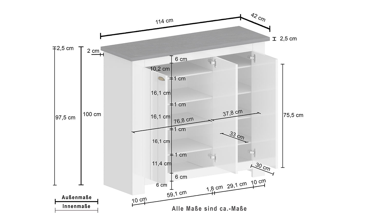Scarpiera 3 Ante 114x42x100 cm Figo 3A Bianco Opaco/Report Grigio