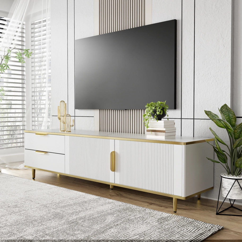 Mobile TV moderno bianco e oro con ampio spazio contenitivo
