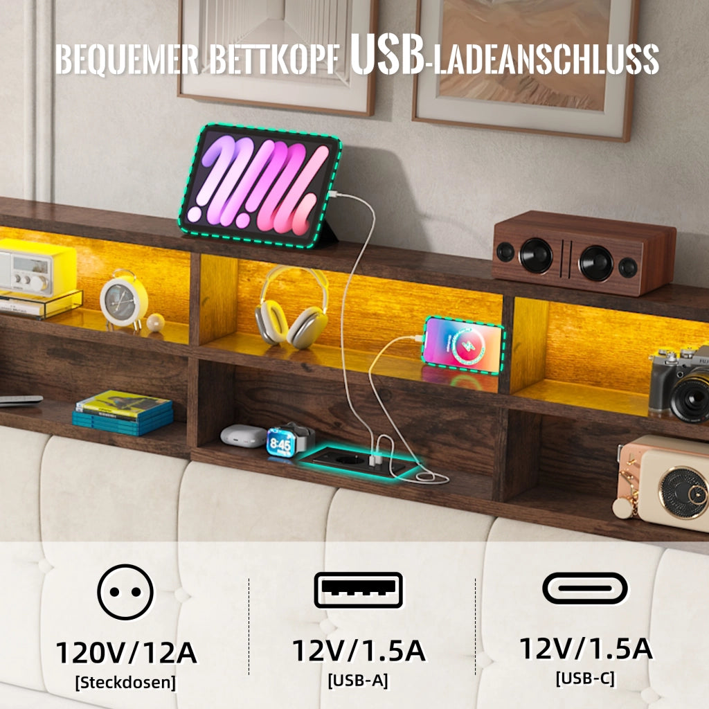 Letto imbottito 160x200 cm idraulico con LED USB colore beige in metallo e velluto
