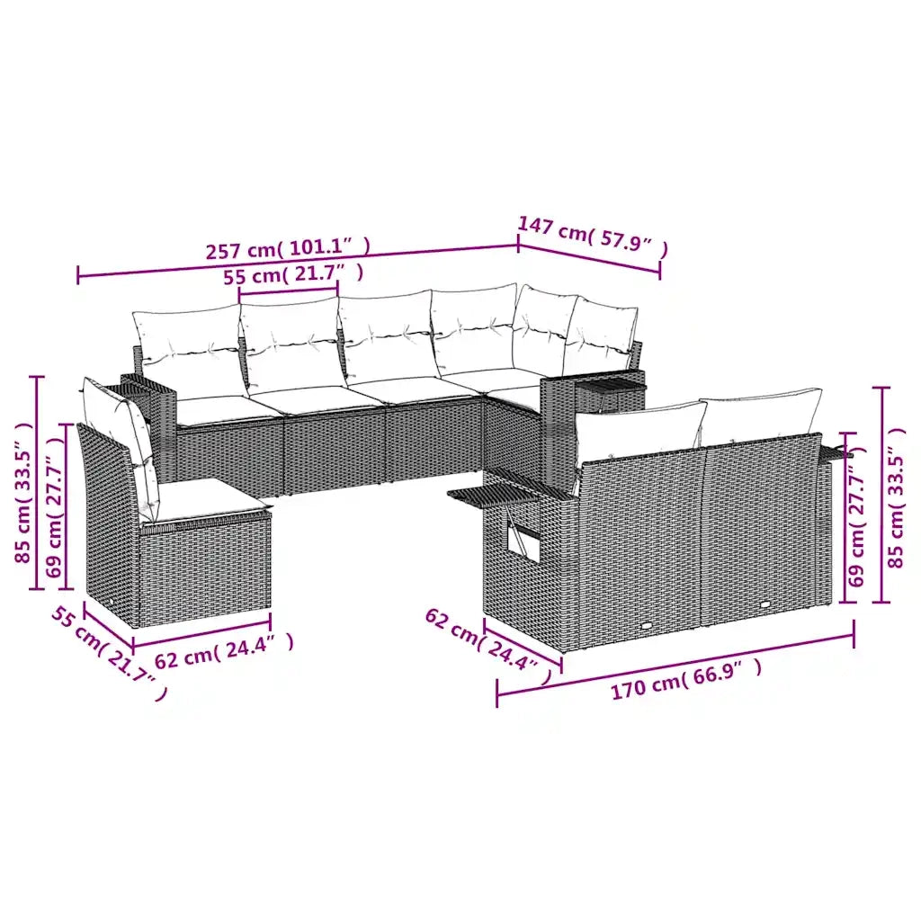 Set Divano da Giardino 8 pz con Cuscini Beige in Polyrattan