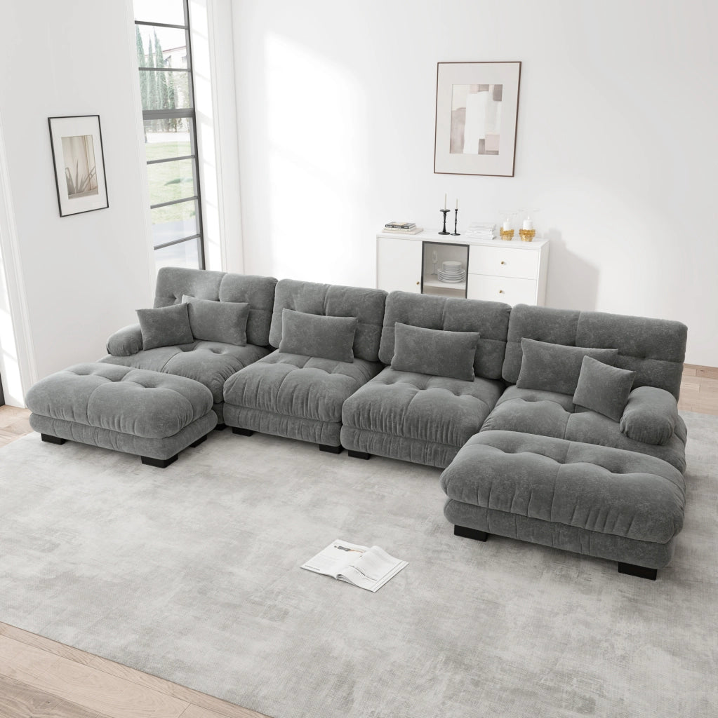 Set di divani modulari con ottomani mobili in ciniglia grigia; 406 × 145 × 81 cm