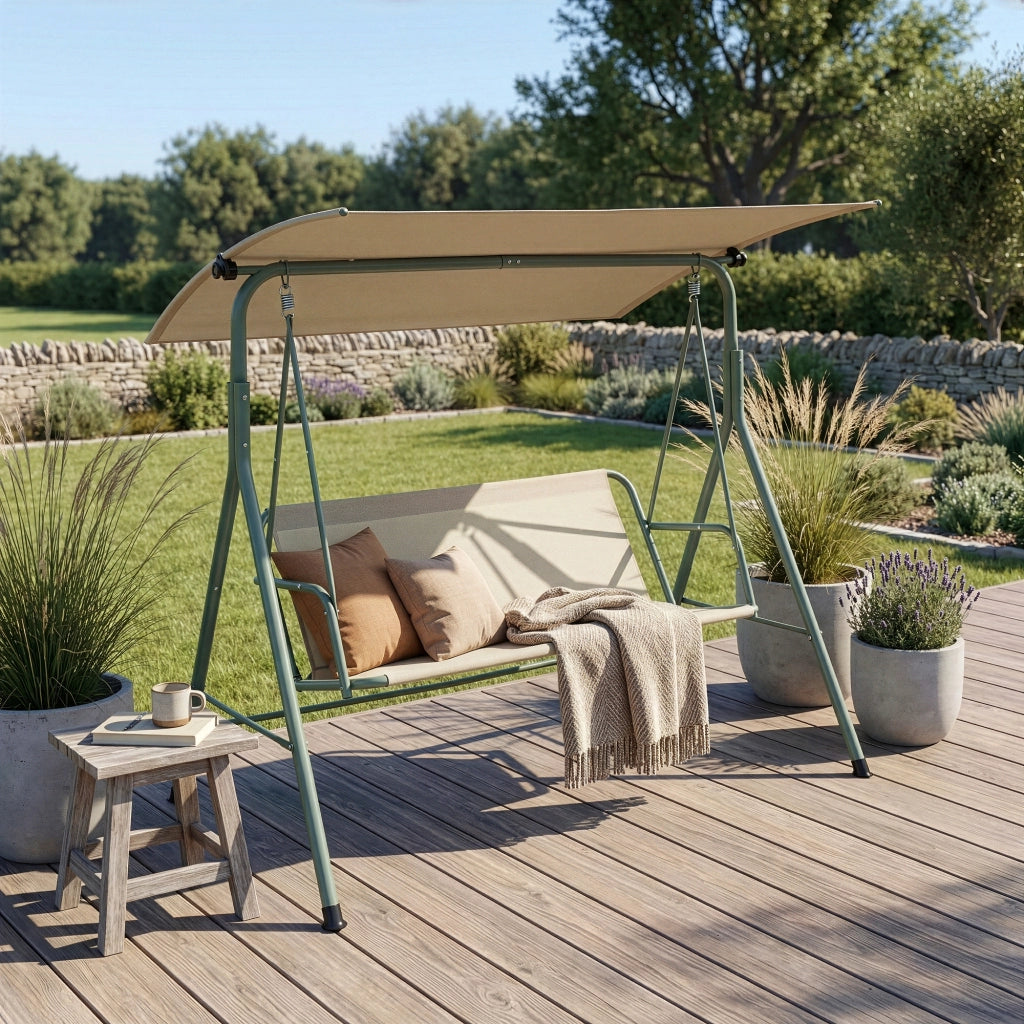 Dondolo da Giardino Satten a 3 Posti con Tettuccio Parasole 173x119x153 cm - Verde Chiaro / Beige [en.casa]