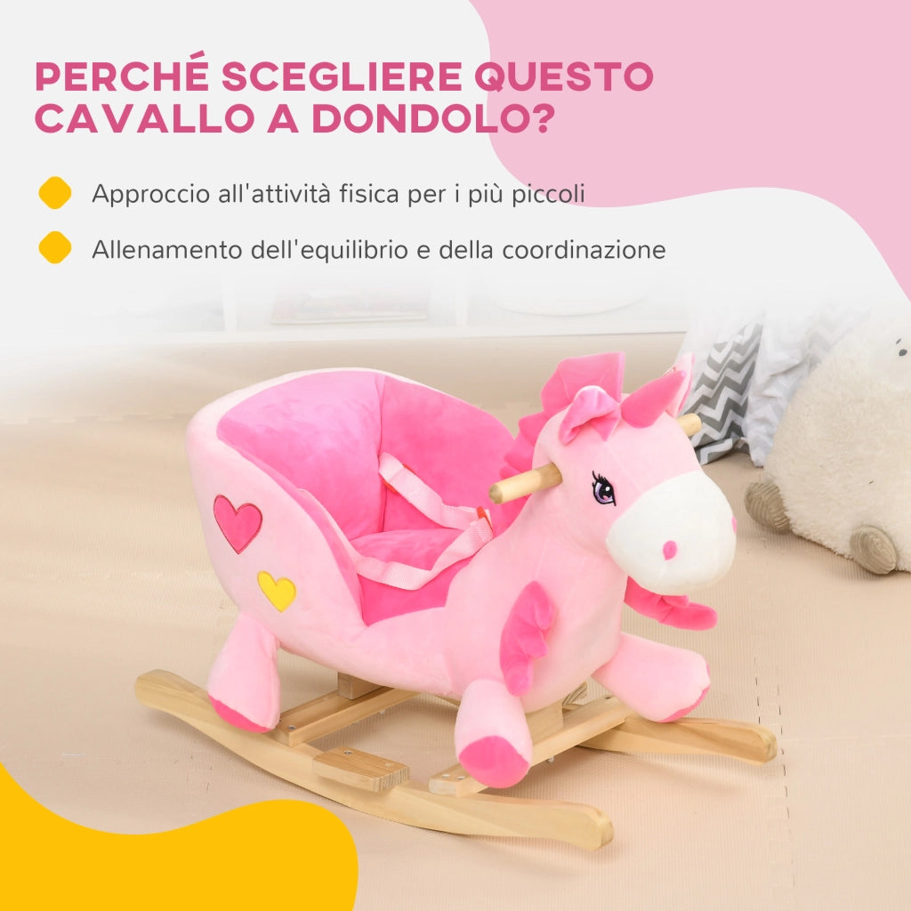 Cavallo a Dondolo Unicorno con Base in Legno e Cintura di Sicurezza ¨C Zephmum ¨C Rosa