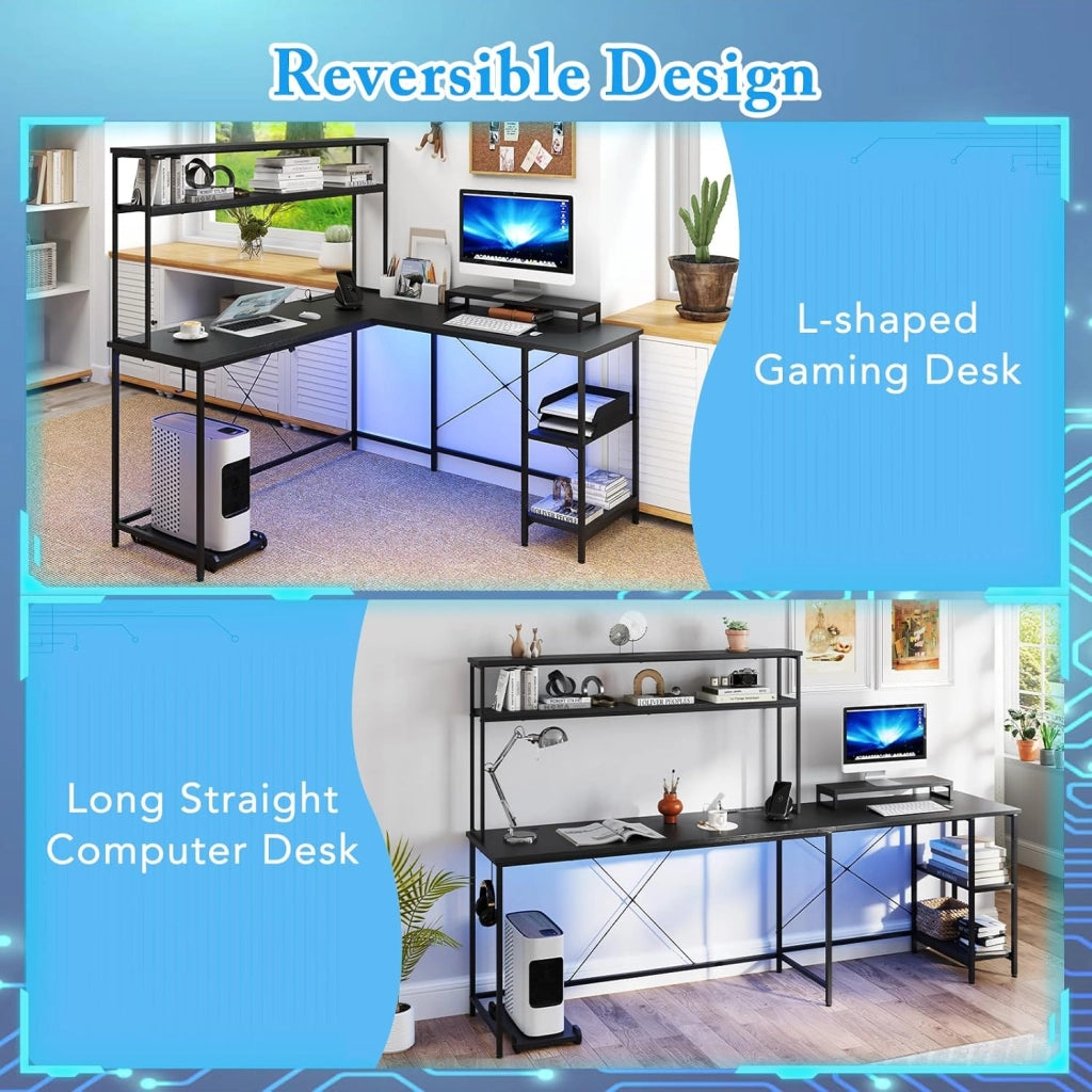 Scrivania per computer a forma di L convertibile con LED, ripiani aperti e supporto per monitor, gancio laterale, stazione di ricarica, 145 x 145 cm, per ufficio, studio (nero)