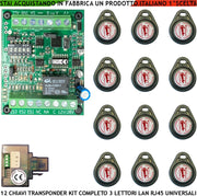 Kit Chiave Elettronica di Prossimità 12 Trasponder Lettore Modulo LAN Universale 501 RJ45 Alimentazione 12/24 Vac Relè Contatto C.NC.NA 2 A 24V Funzione Impulsiva o Stabile Segnale di Stato 4 Led GRVB