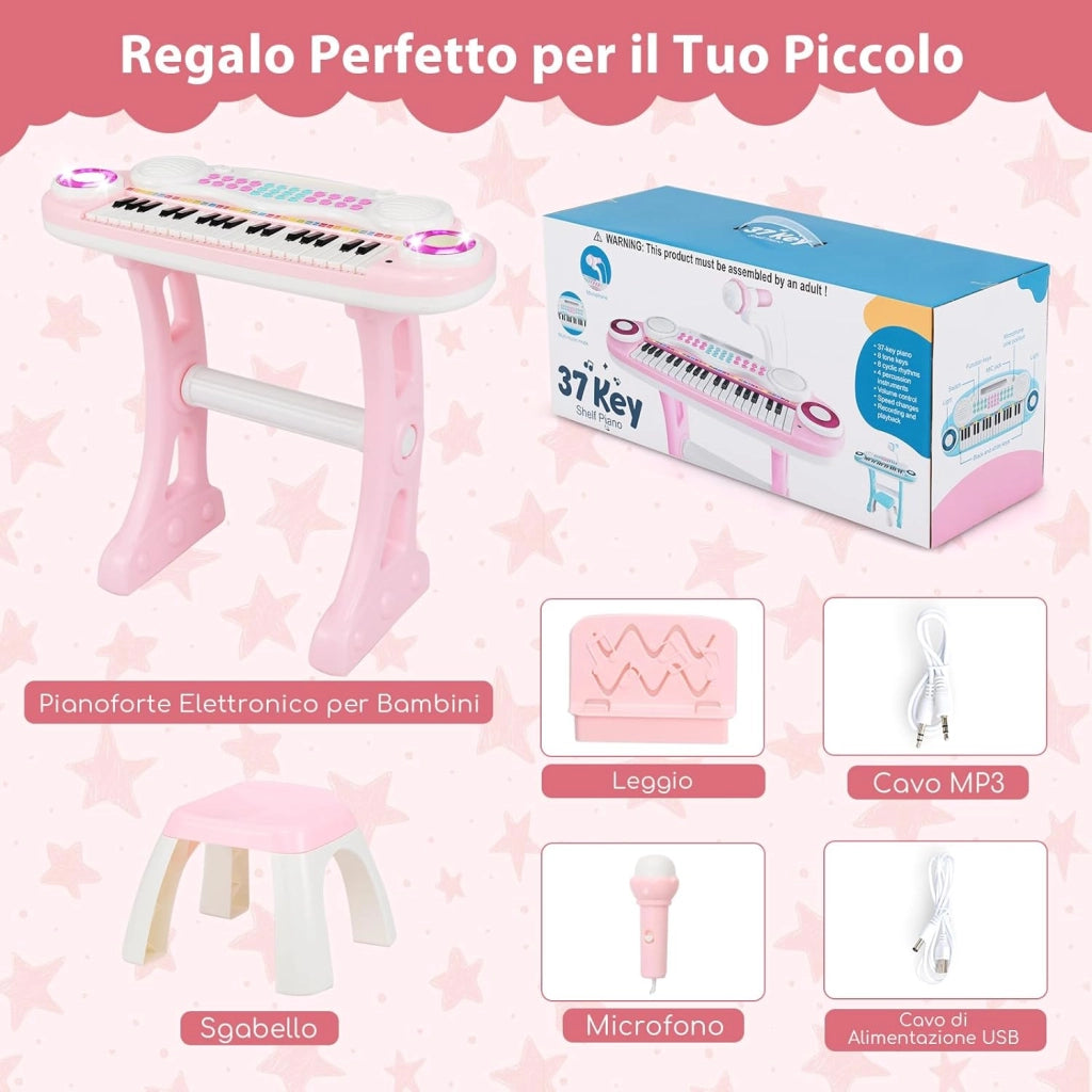 Tastiera Pianoforte a 37 Tasti per Bambini, Piano Elettronico per Bambini con Microfono, Sgabello e Supporto per Spartiti, 8 Ritmi e 8 Strumenti, per Bambini 18+ Mesi (Rosa)