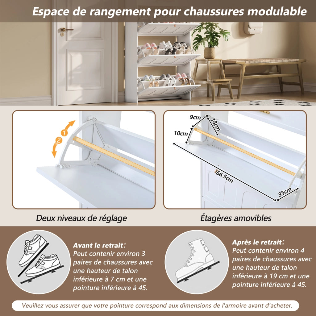 Mobile portascarpe moderno compatto con 12 ripiani e 2 cassetti in MDF bianco