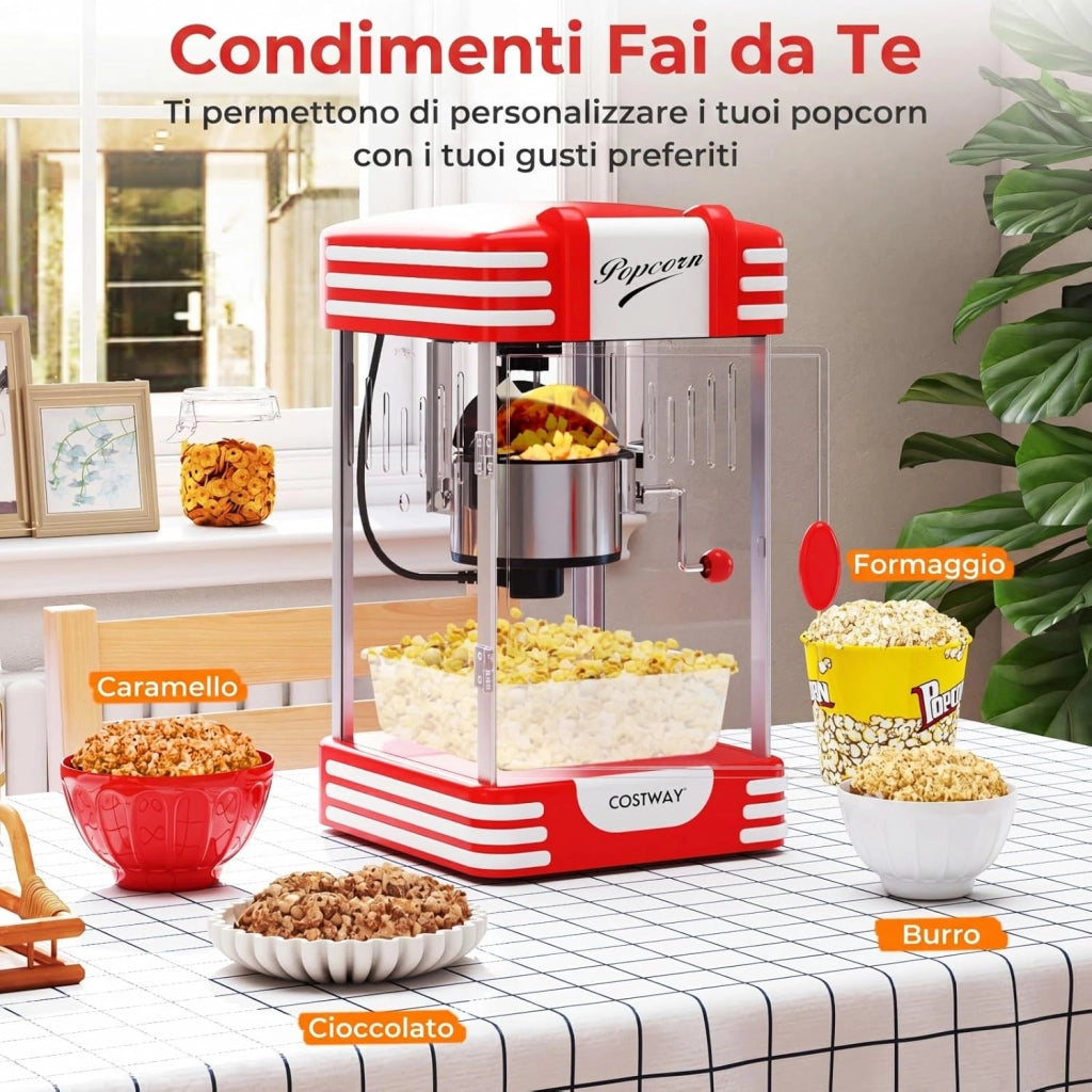 Macchina per Pop Corn per Casa, Macchina Popcorn in 3-5 Minuti con Contenitore in Acciaio Inox e Cucchiai per Chicchi e Olio, Condimento Personalizzato, Stile Cinema