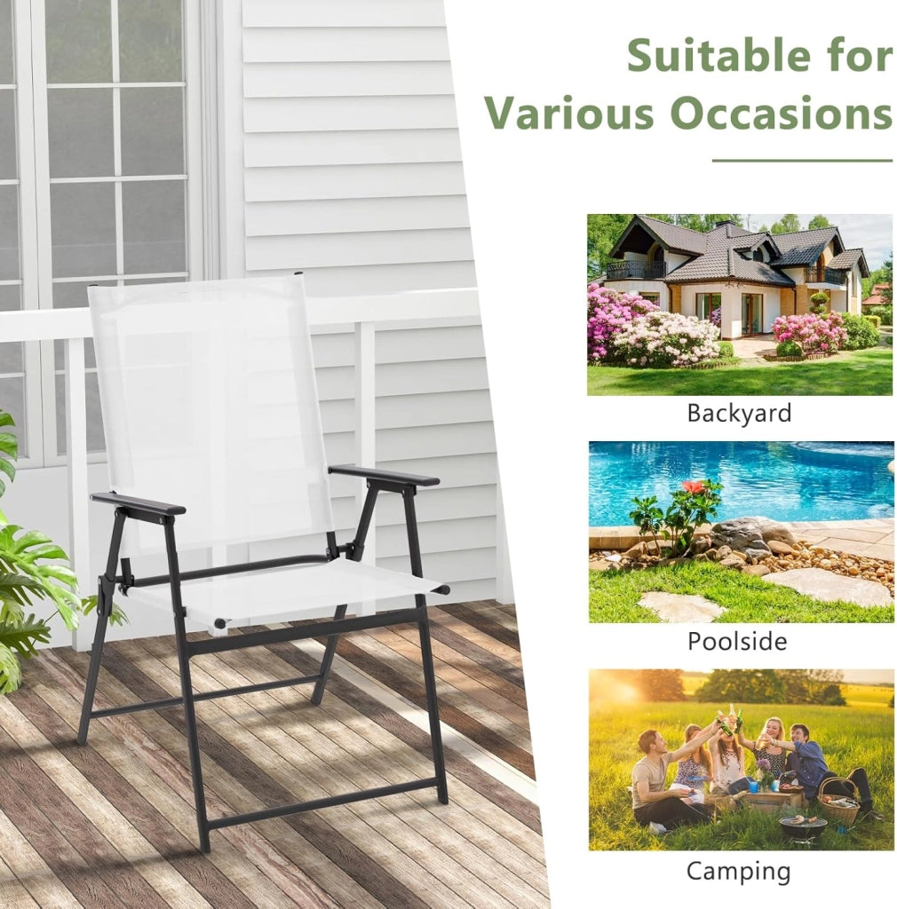 Set di 4 sedie da giardino pieghevoli, con schienale alto e bracciolo, in metallo e tessuto, portata fino a 150 kg (bianco, 4)