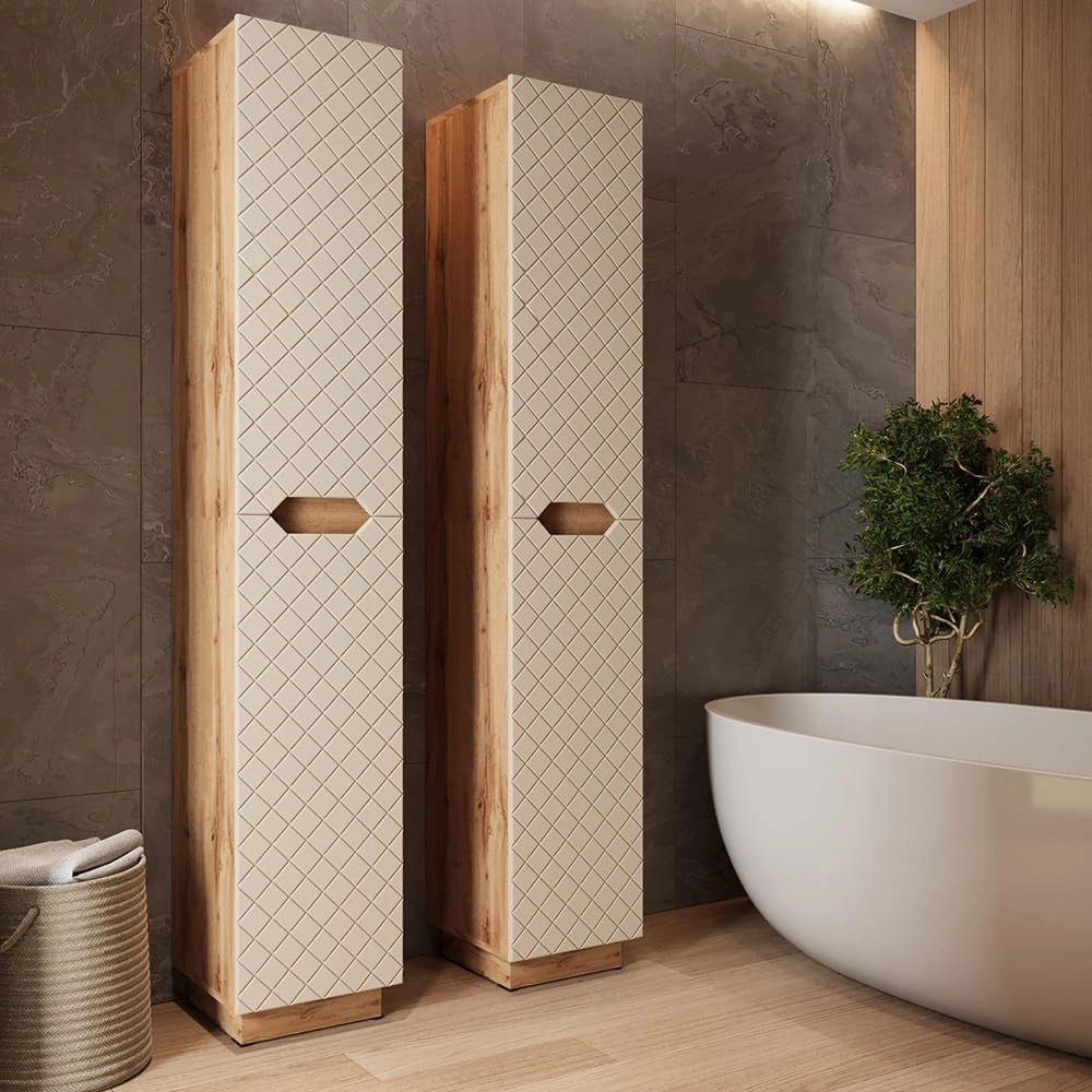 Armadio per il bagno Lotta, Rovere/cashmere con struttura in piastrelle, 33 x 186 cm con 2 porte