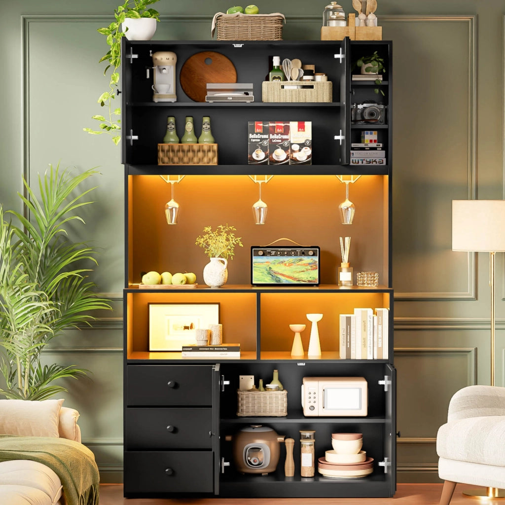 Credenza alta con vetrina, prese USB e RGB LED, per cucina e sala da pranzo, in MDF nero, 100 × 40 × 180 cm
