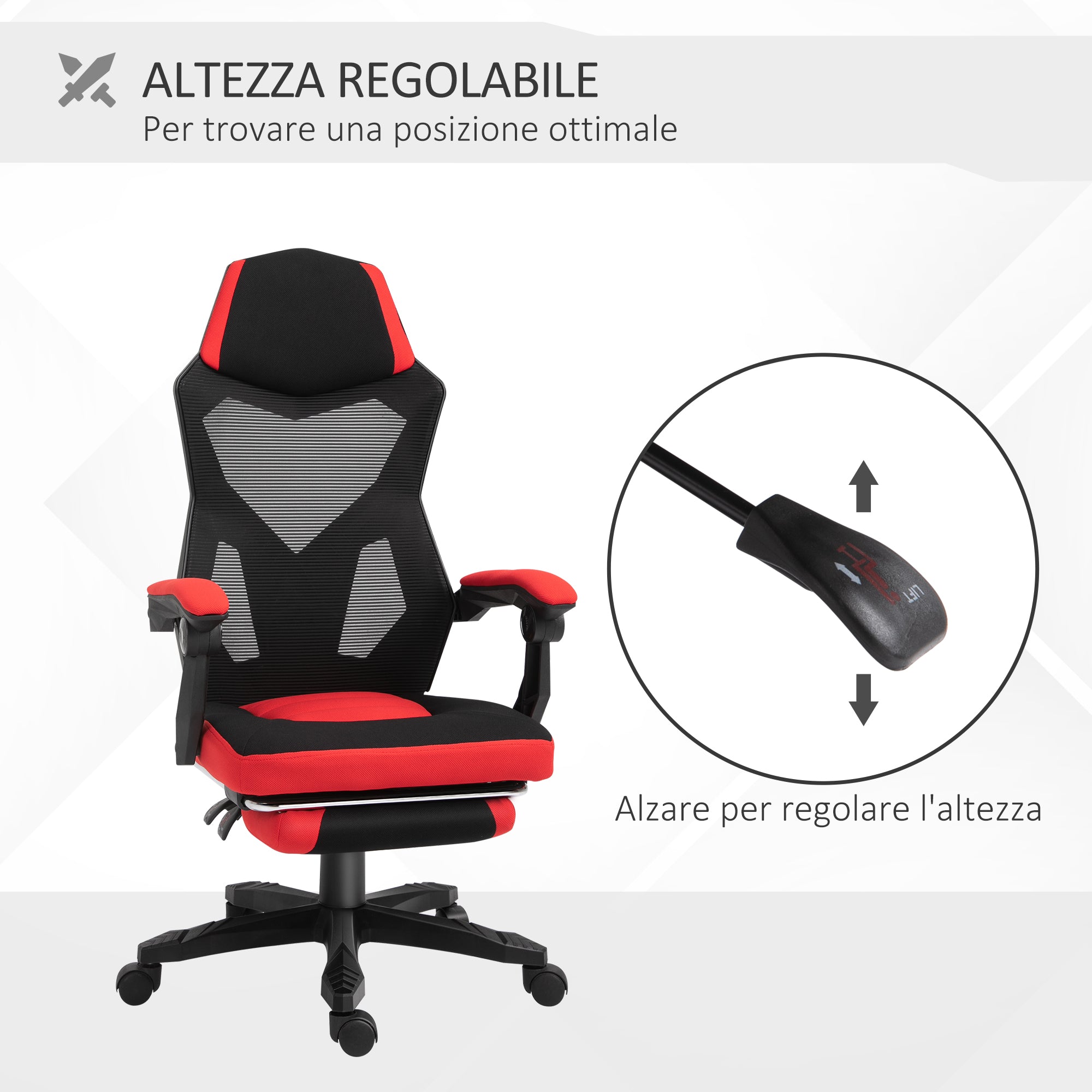 Sedia da Gaming Ergonomica e Reclinabile 58x63x112-122 cm in Tessuto a Rete Nero e Rosso