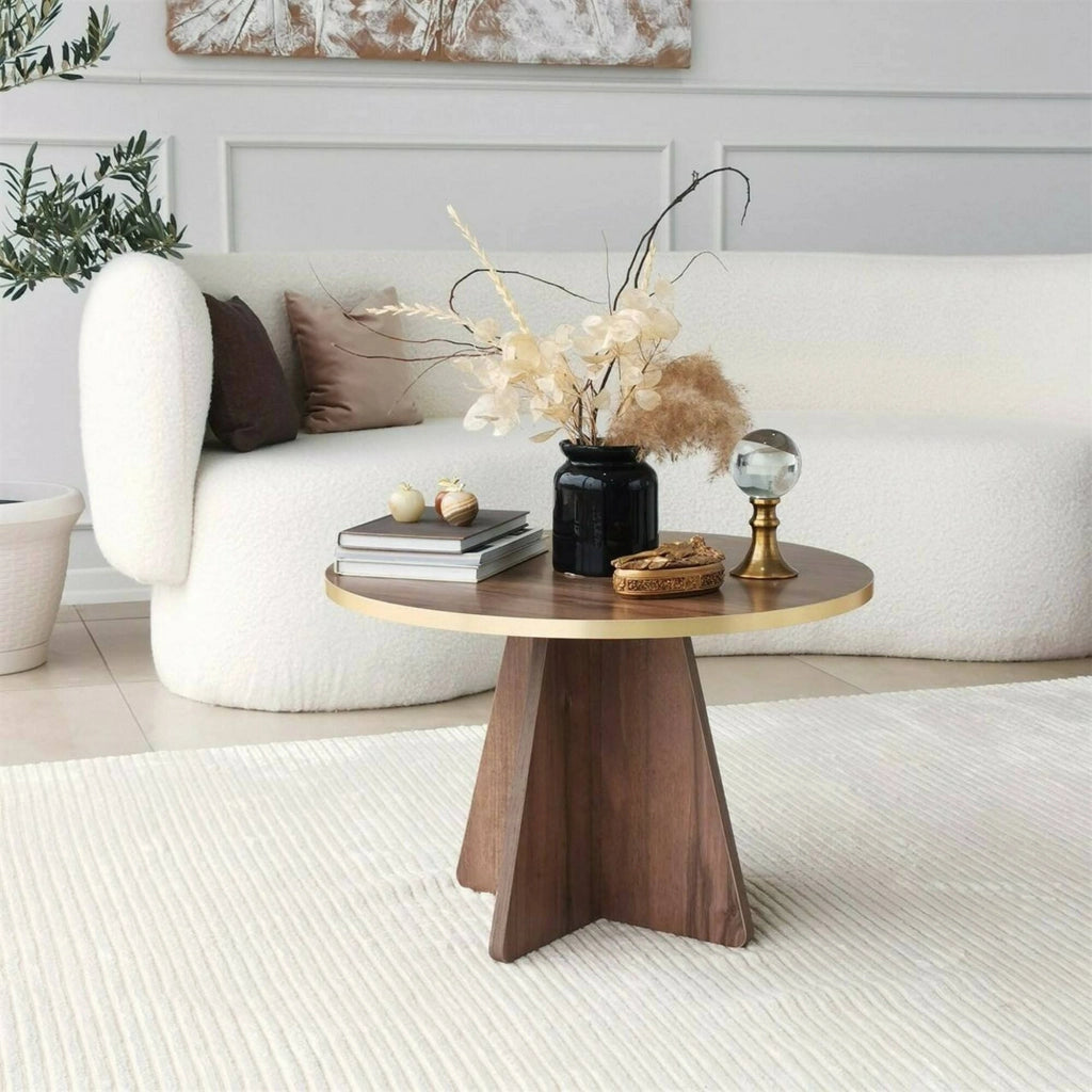Tavolino da salotto Armanda, Tavolo basso da caffè, Portariviste per divano, Ripiano da soggiorno, 60x60h40 cm, Oro e Noce