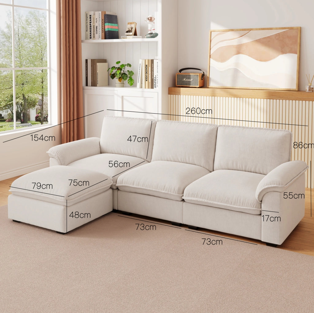 Divano modulare a L 260x154 cm beige in chenille con ottomana mobile