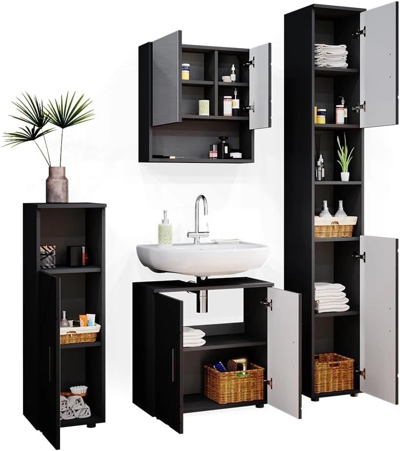 Set mobili bagno Irma, Antracite lucido, 80 cm, composto da mobile lavabo, pensile a specchio, colonna e base media