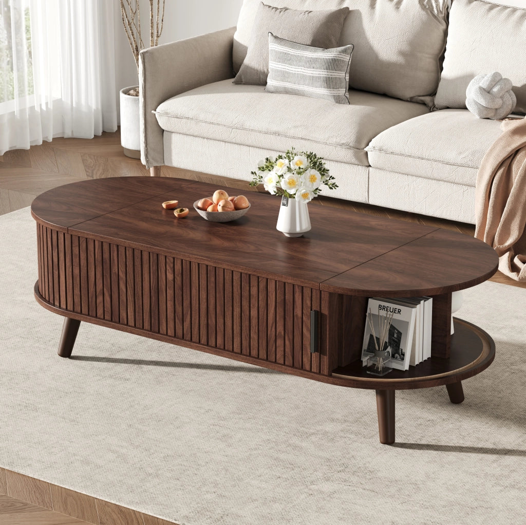 Tavolino da salotto 120x50x39.5 cm regolabile in altezza con vano nascosto in MDF noce