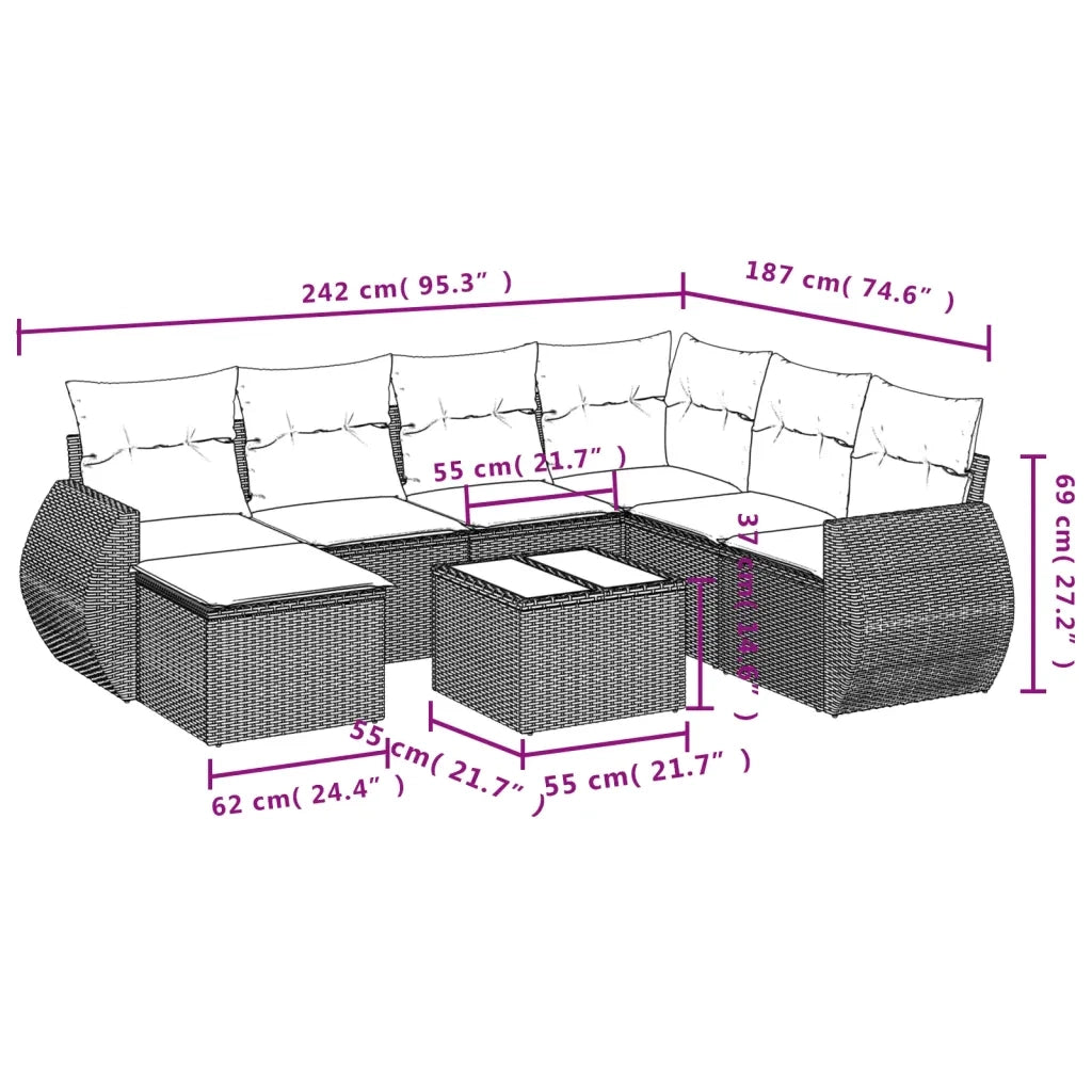Set Divano da Giardino 8pz con Cuscini Grigio Chiaro Polyrattan