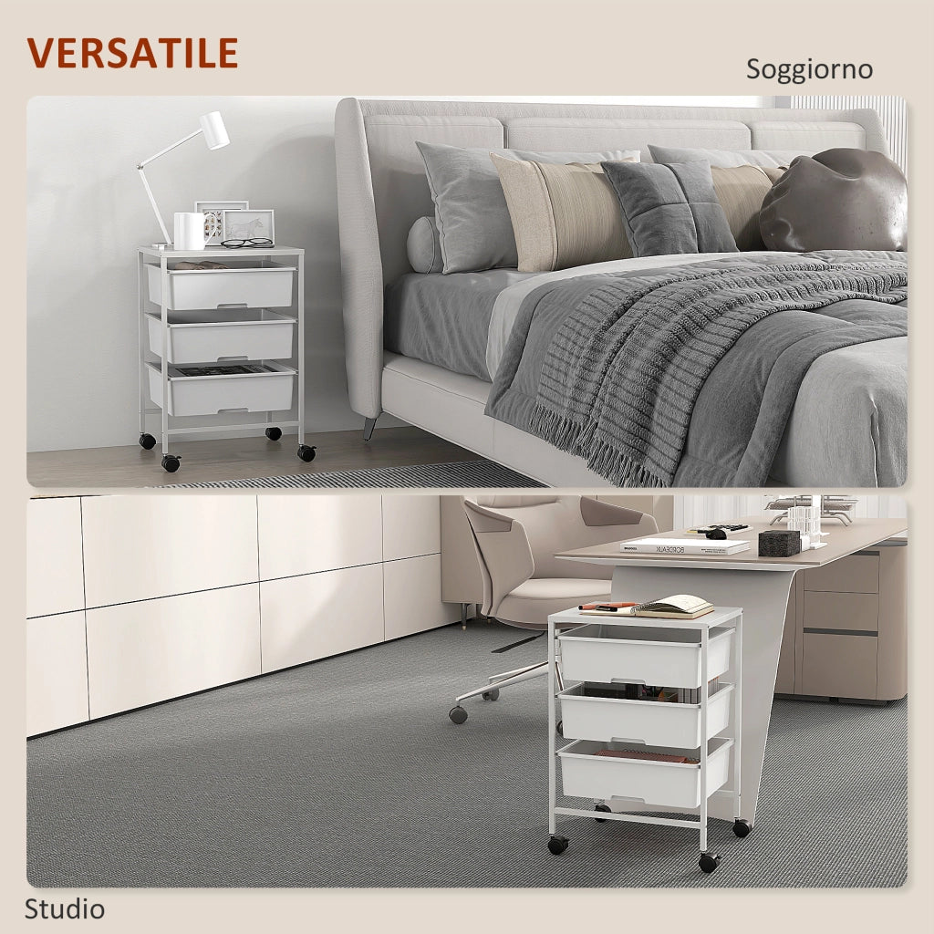 Carrello Multiuso con 3 Cestini Estraibili e Ruote per Cucina e Ufficio in Acciaio e PP, Bianco