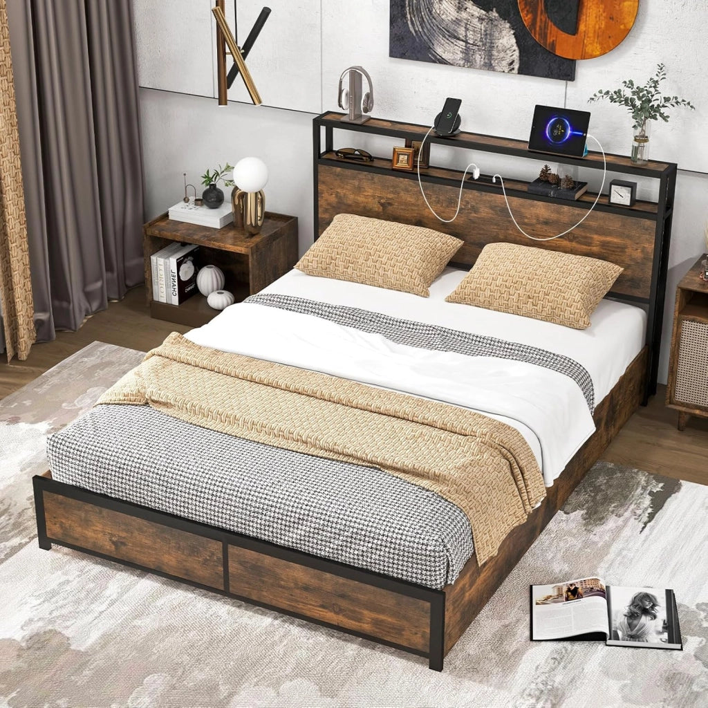 Struttura letto 160 x 200 cm con LED, telaio in metallo, letto con stazione di ricarica, letto per armadio, 4 cassetti da pavimento, letto matrimoniale con testiera e rete a doghe, telaio del