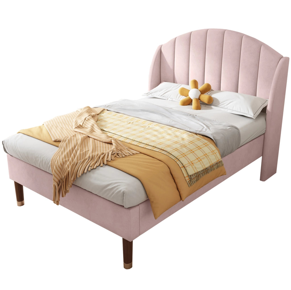 Letto imbottito singolo 90x200 cm in velluto rosa con rete a doghe e testiera