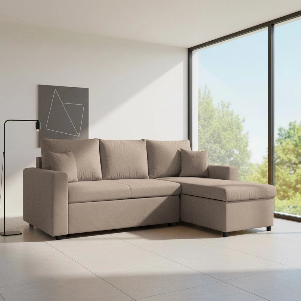 Divano con penisola reversibile funzione letto Golf tessuto tortora 225x148x81H