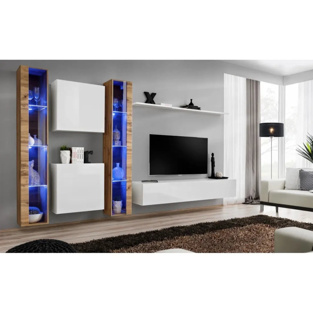Set di mobili da salotto da parete SWITCH XVI design, colore bianco lucido e quercia Wotan.