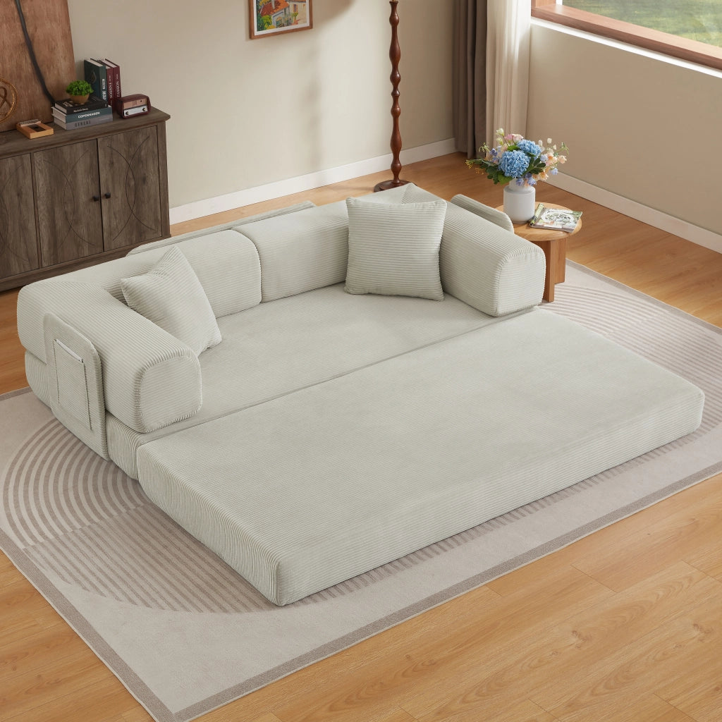 Divano letto pieghevole con 2 cuscini e struttura in acciaio cromato in schiuma beige per soggiorno e camera da letto